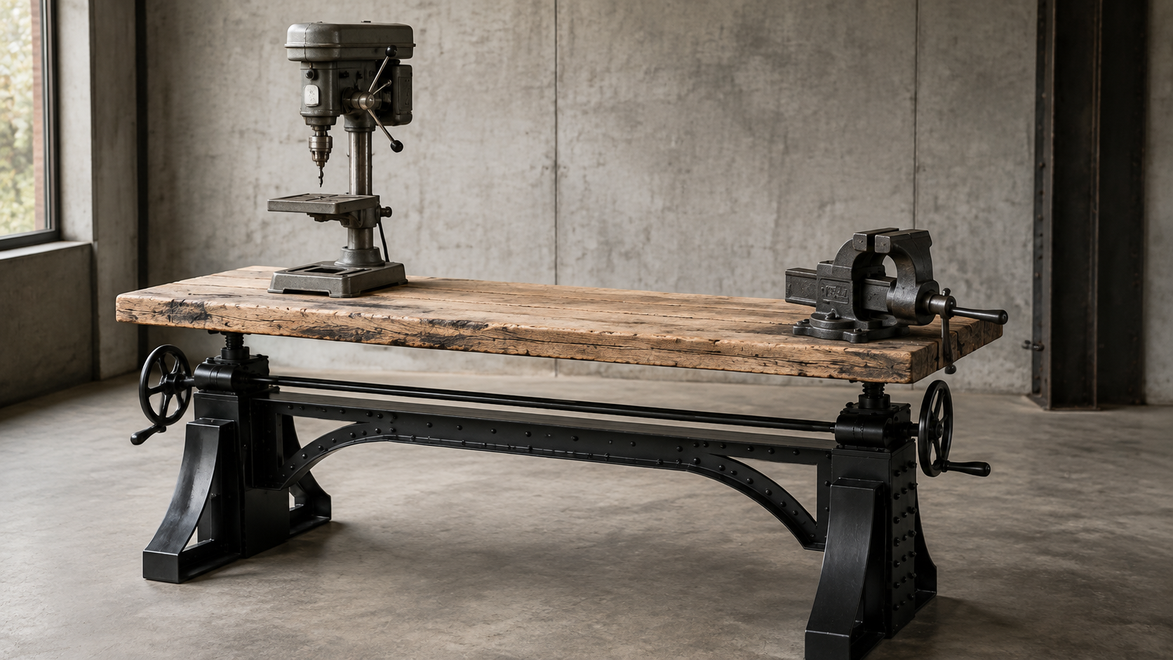 King Lord werkbanktafel met robuuste steigerplanken, kolomboor en bankschroef